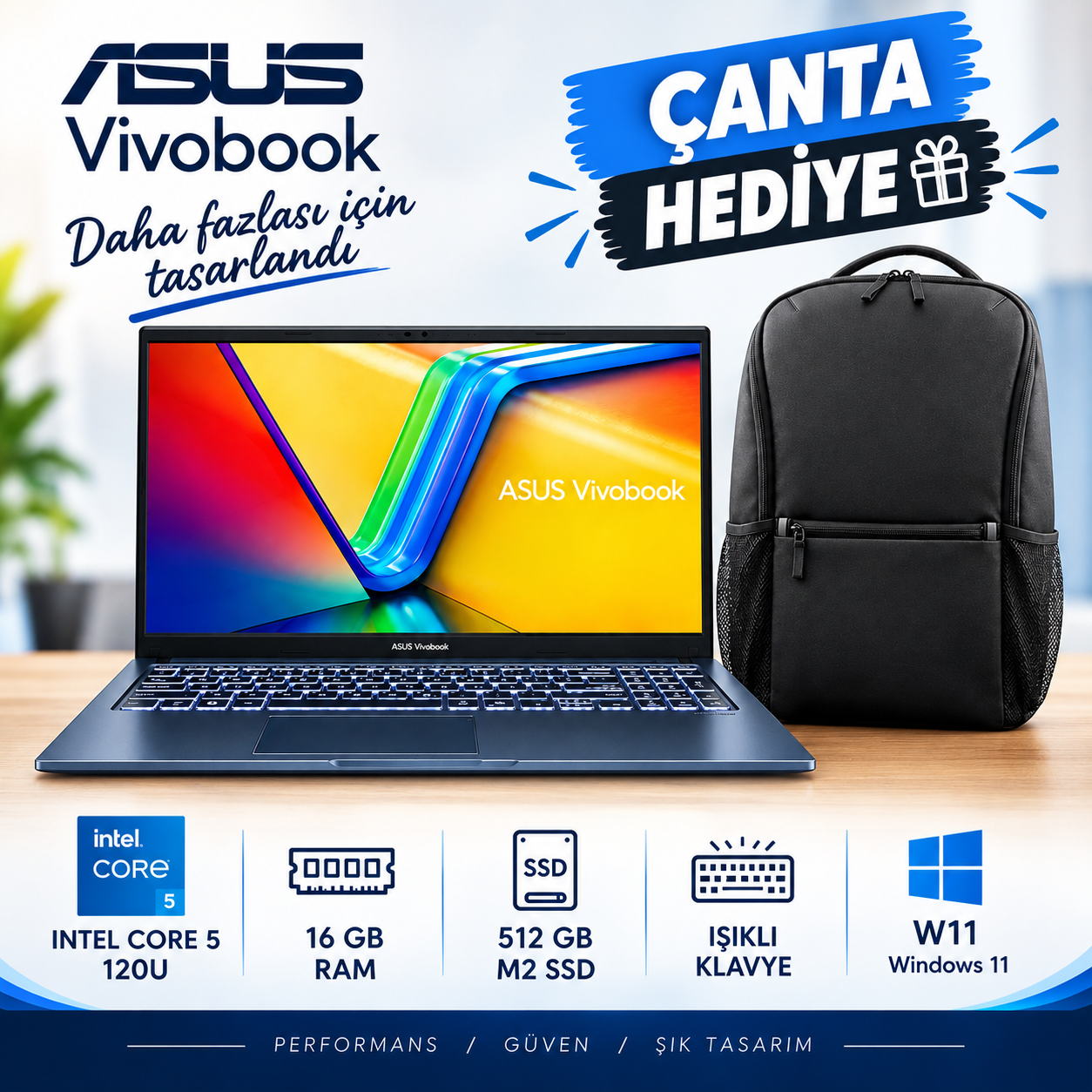 Asus Vivobook 15 Intel Core 5 120U 8gb 512GB SSD Windows 11 15.6'' Fhd X1504VA-NJ3663W (IŞIKLI KLAVYE)