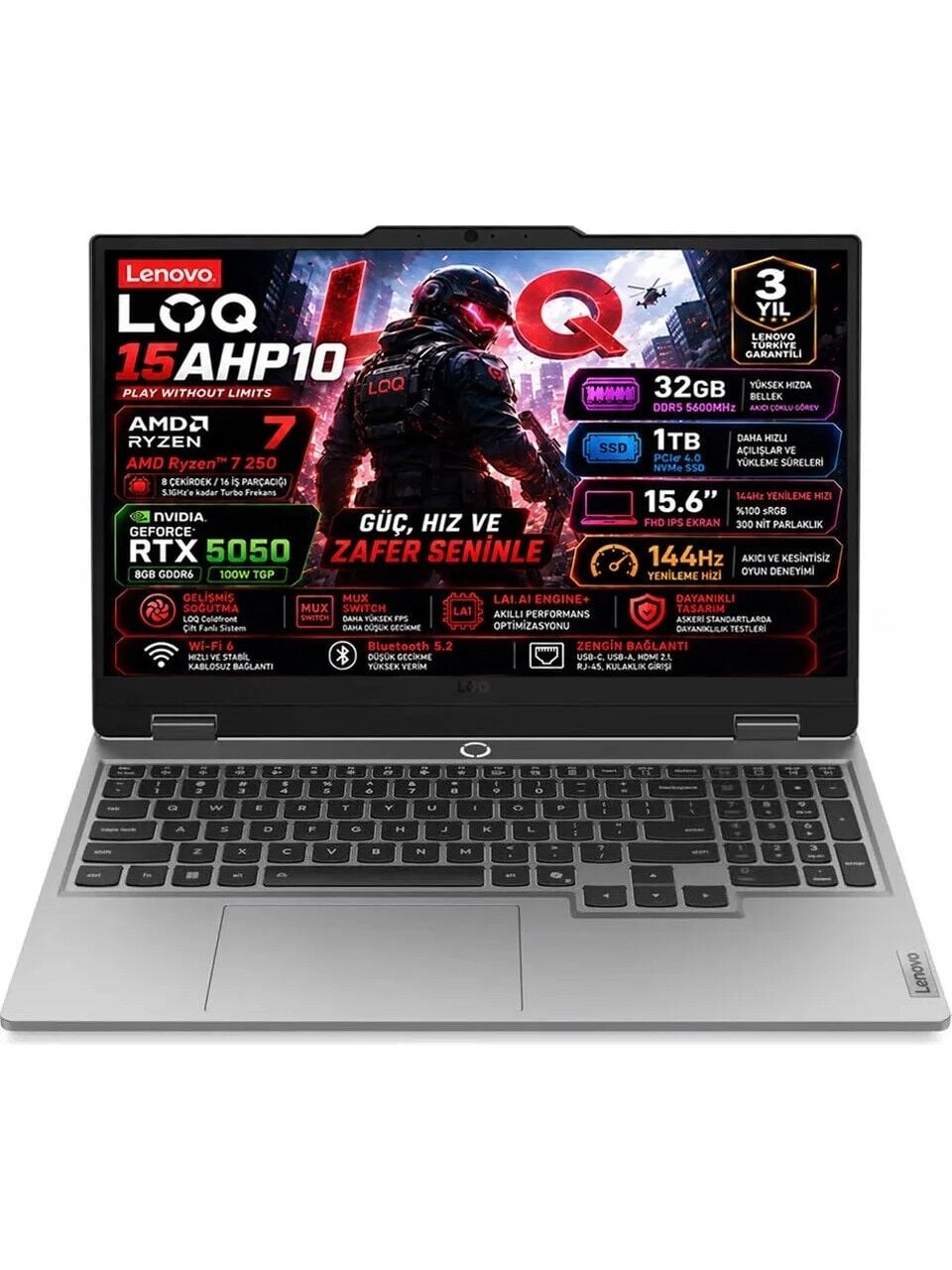 Lenovo LOQ 15AHP10 83JG00BNTR AMD Ryzen 7 250 32GB 1TB SSD RTX 5050 8GB (100W) 15.6'' FHD IPS Panel 144Hz W11 PRO